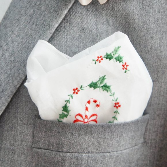 Vintage Embroidered Candycane Christmas Pocket Square Handkerchief - Picture 2 of 4